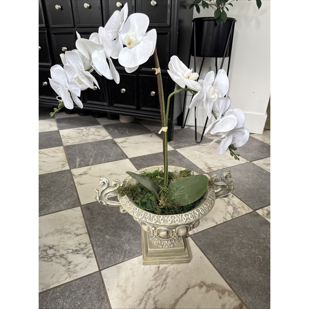 Resin Footed Urn Planter with Faux Orchid Green Mid Century Modern 15x8.75